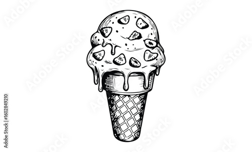 Detailed black and white sketch of ice cream cone with dripping scoop and chocolate chips. Vector retro hand drawn illustration.