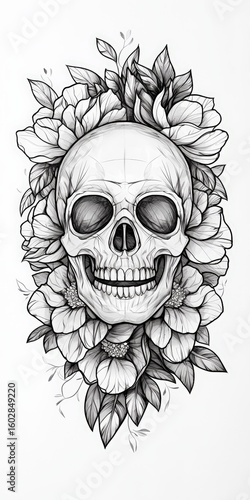 Tattoo design: a skull with flowers surrounding it