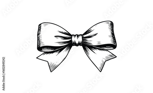 Vintage style black and white bow illustration with ribbon detail. Vector retro hand drawn illustration.