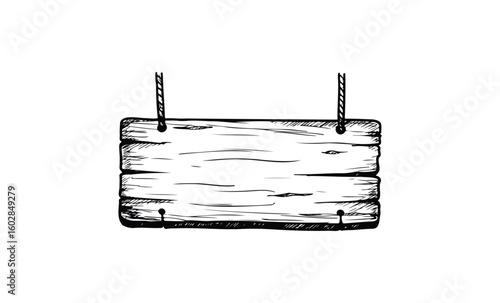 Rustic wooden hanging signboard with rope in black and white illustration. Vector retro hand drawn illustration.