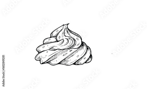 Hand-drawn black and white whipped cream swirl with dotted details. Vector retro hand drawn illustration.