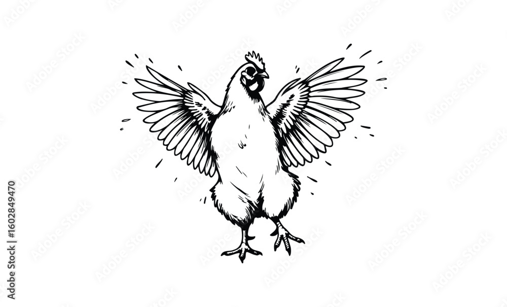 Obraz premium Dynamic rooster sketch with outstretched wings in black and white. Vector retro hand drawn illustration.