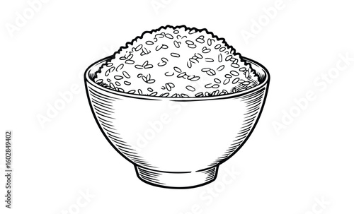 Hand-drawn bowl of white rice with detailed grains in monochrome illustration. Vector retro hand drawn illustration.