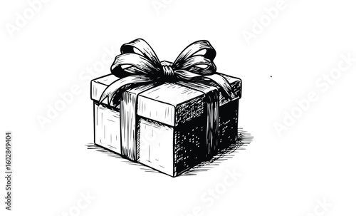 Ink drawing of gift box with ribbon and bow in black and white sketch style. Vector retro hand drawn illustration.
