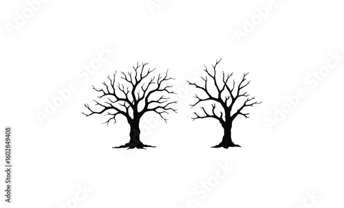 Silhouette of two leafless trees with bare branches on white background. Vector retro hand drawn illustration.