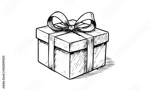 Detailed sketch of a gift box with ribbon and bow: classic black and white illustration. Vector retro hand drawn illustration.
