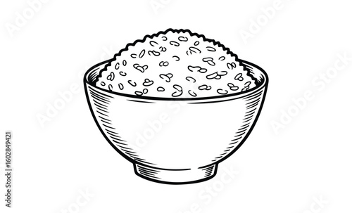 Black and white illustration of rice bowl with grains and seeds. Vector retro hand drawn illustration.