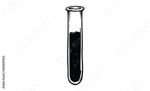 Black and white ink illustration of a chemistry test tube. Vector retro hand drawn illustration.