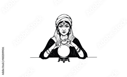 Elderly female fortune teller with crystal ball and turban in monochrome drawing. Vector retro hand drawn illustration.