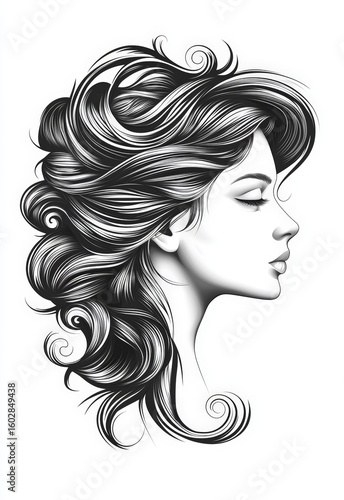 Tattoo design, black and white, female profile, white background, swirling hair