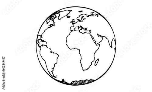 Hand-drawn sketch of earth showing continents and oceans from a global perspective. Vector retro hand drawn illustration.