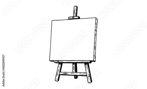 Blank canvas on wooden easel for art and painting projects. Vector retro hand drawn illustration.