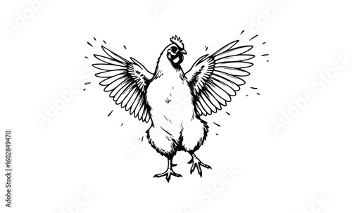 Dynamic rooster sketch with outstretched wings in black and white. Vector retro hand drawn illustration.