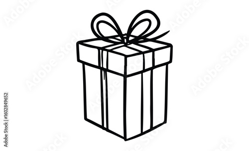 Simple black and white gift box with bow design outline. Vector retro hand drawn illustration.