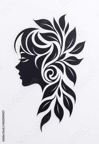Tattoo design, black and white, female profile, white background, swirling hair