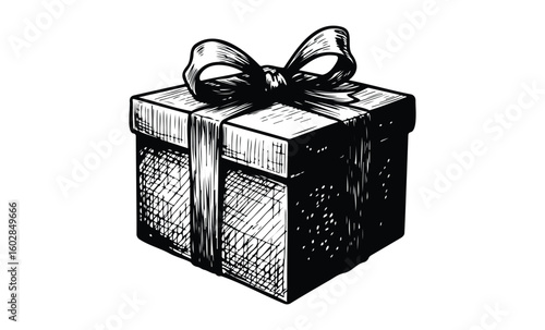 Sketch of gift box with ribbon in black and white. Vector retro hand drawn illustration.