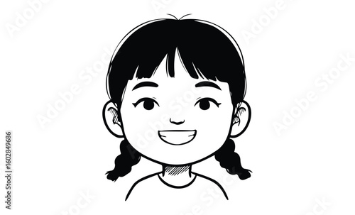 Smiling asian female child with braided hair in black and white illustration. Vector retro hand drawn illustration.