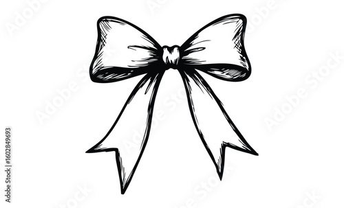 Elegant black and white hand-drawn bow illustration with detailed lines. Vector retro hand drawn illustration.