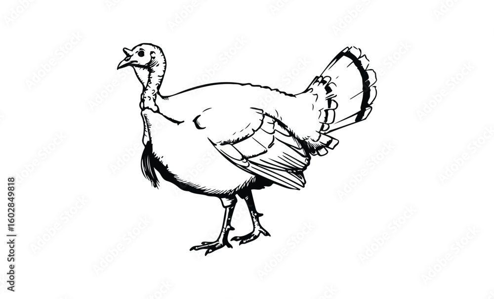 Fototapeta premium Detailed black and white illustration of a turkey on a white background. Vector retro hand drawn illustration.