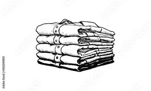 Black and white illustration of neatly folded shirts stack. Vector retro hand drawn illustration.