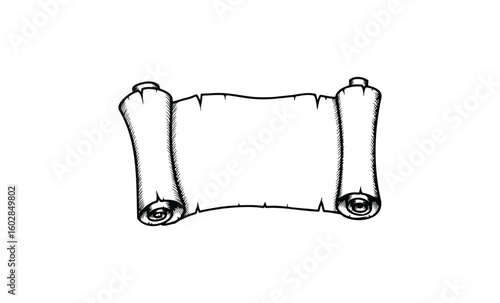 Vintage blank scroll drawing with rolled edges on white background. Vector retro hand drawn illustration.