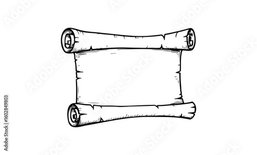 Blank scroll with wooden rods on white background. Vector retro hand drawn illustration.