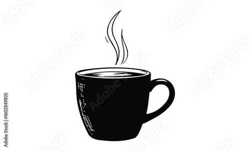 Black and white silhouette of a steaming coffee mug. Vector retro hand drawn illustration.