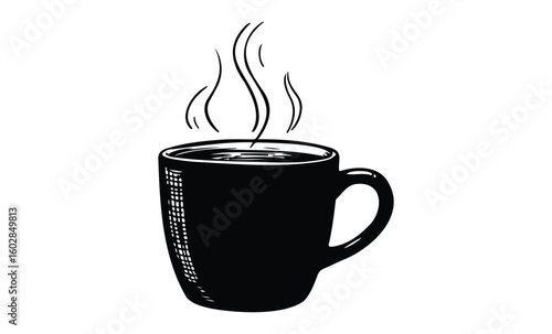 Black and white steaming coffee mug illustration. Vector retro hand drawn illustration.