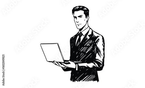 Caucasian young adult male reading tablet in business attire sketch art. Vector retro hand drawn illustration.