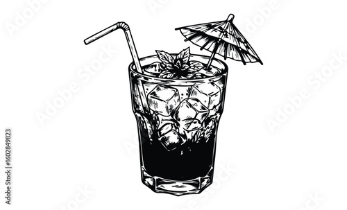 Illustrated cocktail glass with ice, straw, and umbrella on white background. Vector retro hand drawn illustration.