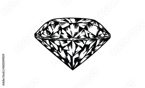 Black and white intricate diamond illustration with faceted design. Vector retro hand drawn illustration.