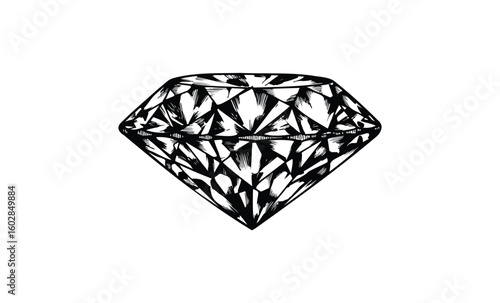 Monochrome geometric diamond design with intricate facets and patterns. Vector retro hand drawn illustration.
