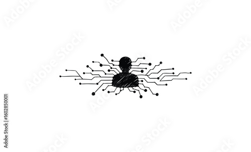 Silhouette of person with circuitry connections highlighting technology integration. Vector retro hand drawn illustration.