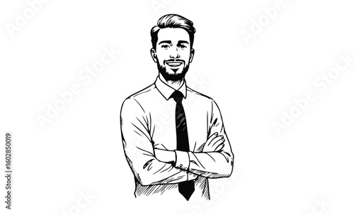 Confident young caucasian male professional in formal attire. Vector retro hand drawn illustration.