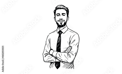 Confident young caucasian male with folded arms in professional attire. Vector retro hand drawn illustration.