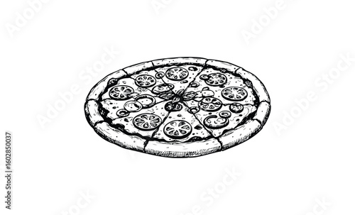 Hand-drawn detailed black and white pizza illustration with toppings. Vector retro hand drawn illustration.