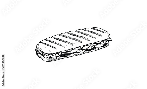 Grilled panini sandwich drawing with lettuce and cheese. Vector retro hand drawn illustration.