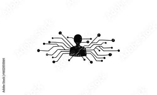 Abstract technology network with central human figure illustration. Vector retro hand drawn illustration.
