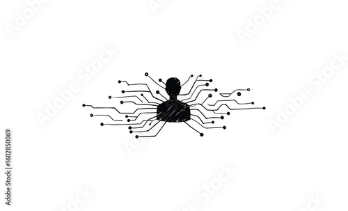 Abstract digital circuit with spider silhouette — technology and connectivity concept. Vector retro hand drawn illustration.