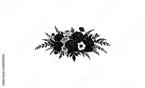 Monochrome floral arrangement with roses and leaves in black and white design. Vector retro hand drawn illustration.
