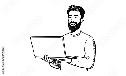Young caucasian male with laptop cartoon illustration. Vector retro hand drawn illustration.