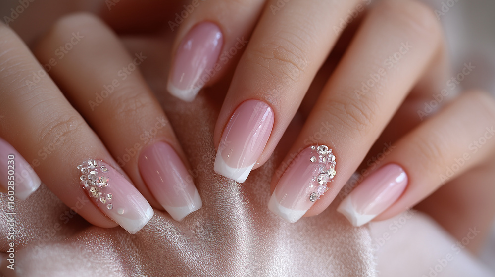 Close up of hands with french manicure and rhinestone nail art on silk fabric Close up of hands with french manicure and rhinestone nail art on silk fabric