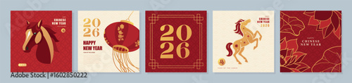 Set of Chinese New Year 2026 greeting cards in red and gold colors. Banners with horse zodiac symbol and traditional asian elements like lantern and floral pattern for lunar new year celebration