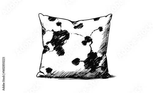 Black and white cow pattern pillow sketch with abstract spots. Vector retro hand drawn illustration.