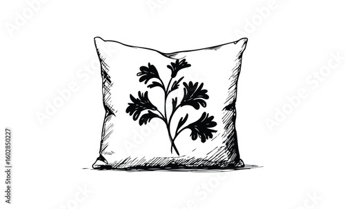 Decorative pillow with black leaf pattern on white background. Vector retro hand drawn illustration.