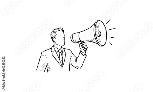 Sketch of male figure in suit holding megaphone for communication and announcement. Vector retro hand drawn illustration.