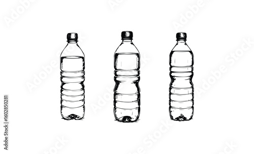 Set of three hand-drawn plastic water bottles with detailed sketch lines. Vector retro hand drawn illustration.
