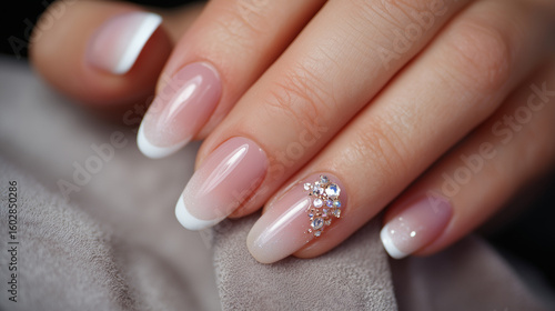 Close up of a hand with french manicure and jewel embellishment on one nail