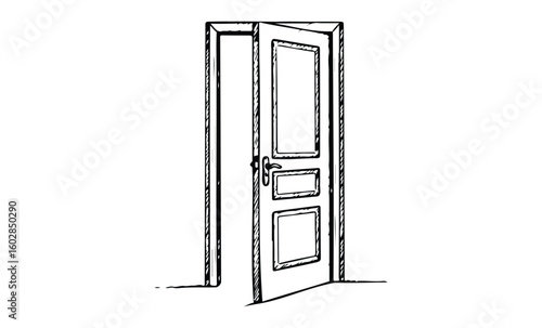 Sketch of an open wooden door with simple design and panel details. Vector retro hand drawn illustration.