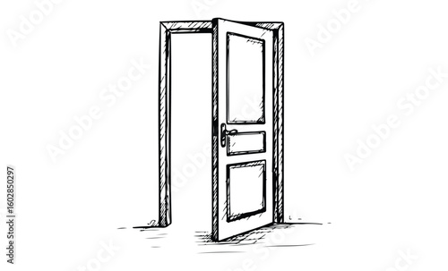 Black and white sketch of an open door with wooden frame and handle. Vector retro hand drawn illustration.